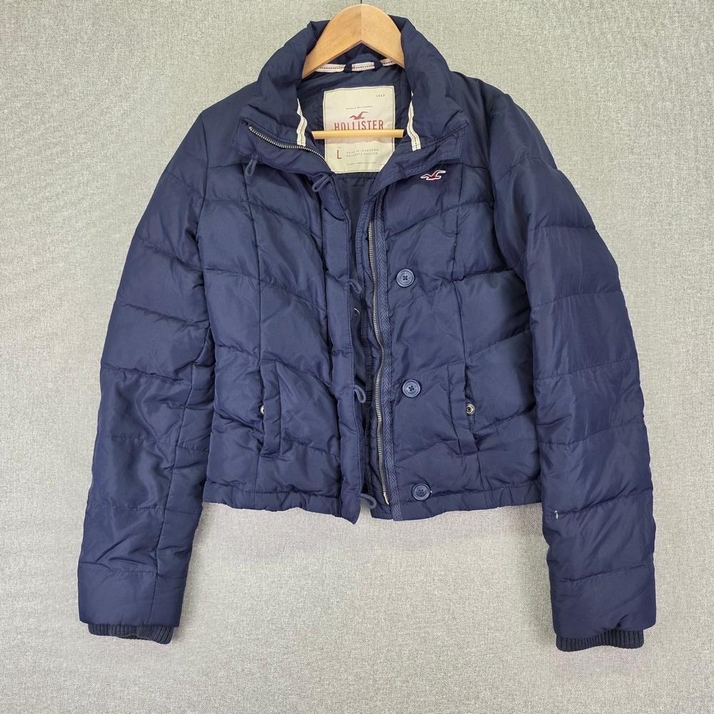 Hollister Womens Navy Blue Down Puffer Jacket Quilted Full Zip Coat L